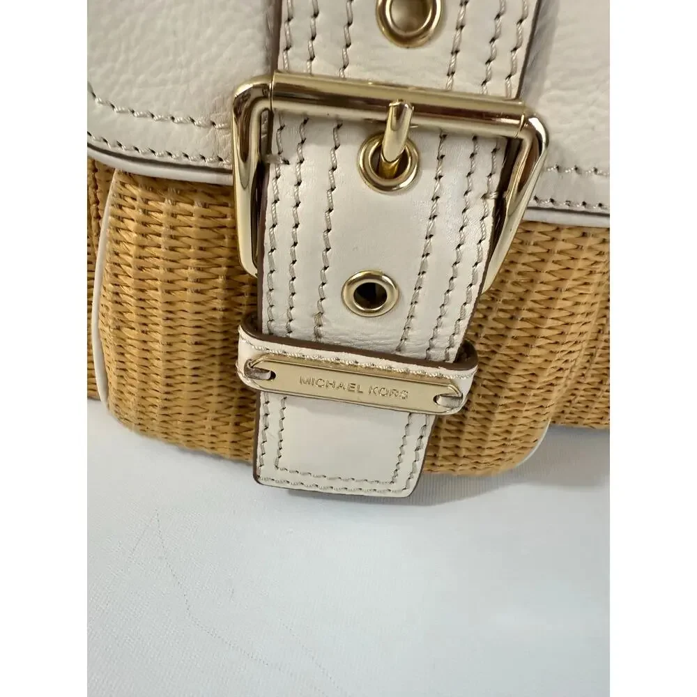 Michael Kors Straw Woven White Leather Shoulder Bag Gold Multiple Pockets - Picture 7 of 11